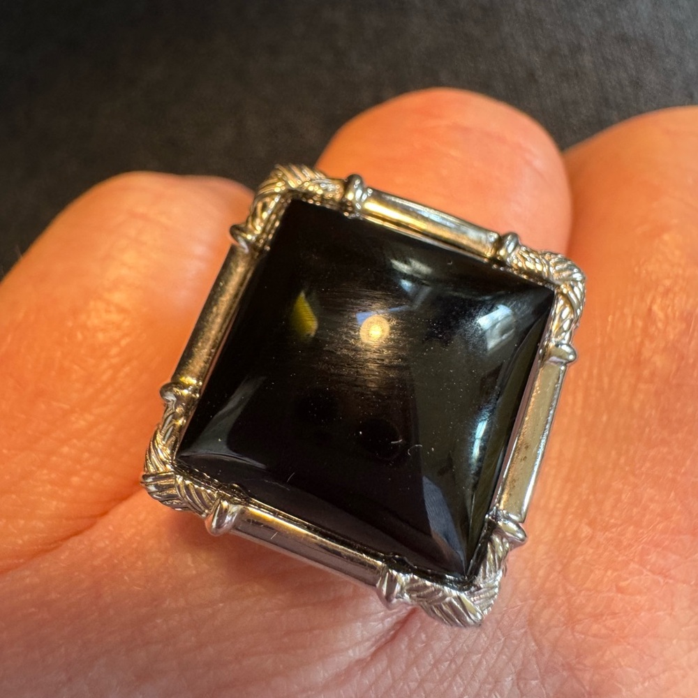 Black Onyx Sterling Silver Womens Ring Bamboo Wicker Size 5 Vintage